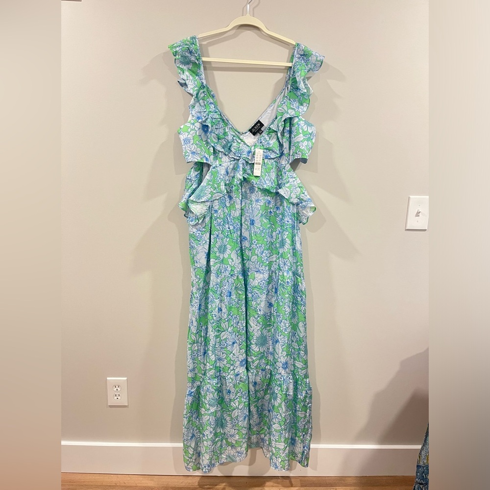 NWT J. Crew Collection Ruffle-Trim V-Neck Cutout Maxi Dress Lime Floral size 24